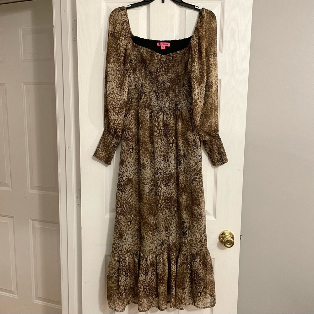 Betsey Johnson Brown / Beige Square Neck Long Sleeve Smocked Maxi Dress